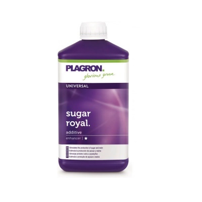 Frasco plástico roxo com tampa branca e rótulo roxo e branco do produto Plagron sugar royal