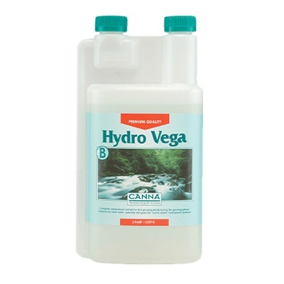 Frasco plástico branco Hydro Vega B CANNA com rótulo azul claro e imagem de rio