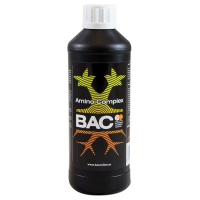 Frasco preto de Amino Complex BAC com tampa branca e etiqueta colorida