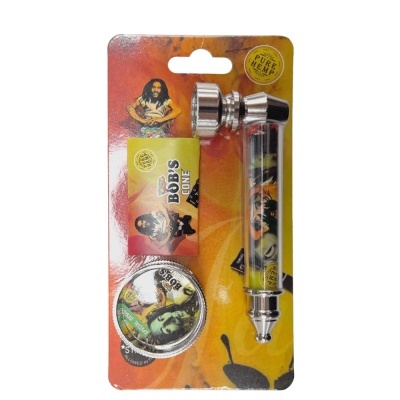 Conjunto para fumar com tubo metálico, moinho e papel de enrolar em cartão colorido