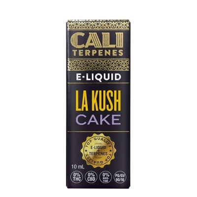 Embalagem preta e dourada de líquido para vaporizador LA KUSH CAKE CALI TERPENES