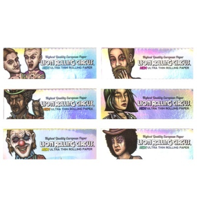 Cinco embalagens coloridas de papel para enrolar LION ROLLING CIRCUS com ilustrações de personagens de circo