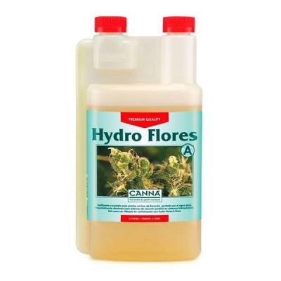 Frasco de fertilizante Hydro Flores A com rótulo azul e vermelho