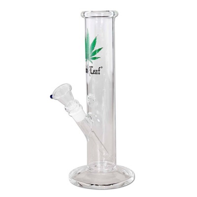 Bong transparente de vidro com folha verde e texto Leaf