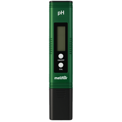 Medidor de pH digital verde e preto com ecrã LCD e botões ON/OFF e CAL