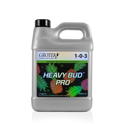 Recipiente cinzento de plástico do produto Heavy Bud Pro com rótulo colorido e tampa preta