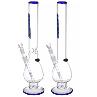 Dois tubos de vidro transparentes com detalhes azuis e marca THICKGLASS