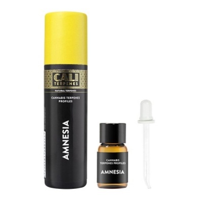 Frasco âmbar pequeno com tampa preta e conta-gotas, embalagem preta e amarela com texto CALI TERPENES AMNESIA