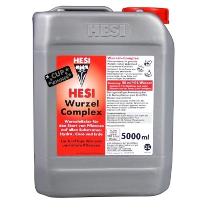 Recipiente plástico cinza com tampa vermelha e rótulo vermelho do produto HESI Wurzel Complex