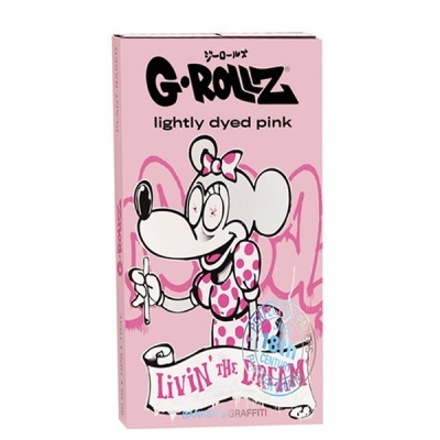 Embalagem rosa G-ROLLZ com desenho de rato e texto Livin the Dream