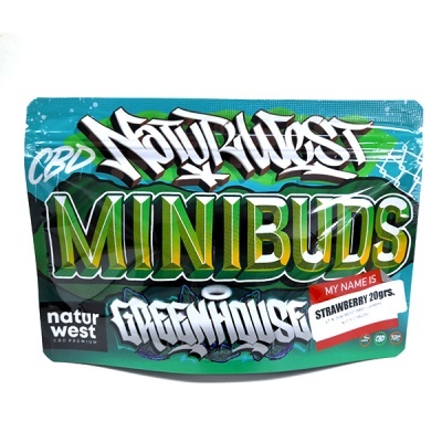 Embalagem colorida de plástico com texto NaturWest MINIBUDS e Strawberry 20grs.