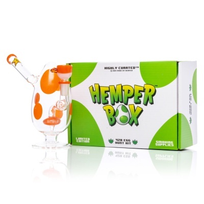 Conjunto para fumar em vidro com manchas laranja e caixa Hemper Box.