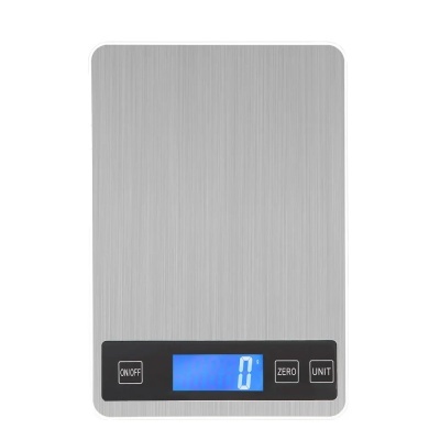 Balança digital de cozinha metálica com ecrã digital azul e botões pretos