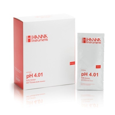 Solução tampão pH 4.01 da HANNA instruments em caixa branca e embalagem individual