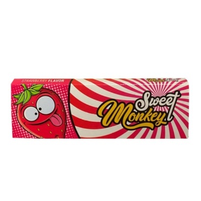 Embalagem colorida com morango animado e texto Sweet Monkey