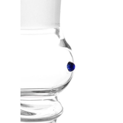 Frasco de vidro transparente com tampa branca e detalhe azul