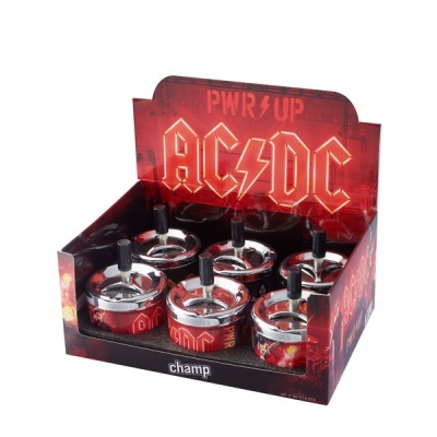 Expositor com seis cinzeiros AC/DC vermelhos e prateados com botão preto