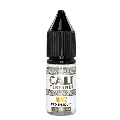 Frasco pequeno de líquido CBD com tampa preta e rótulo branco com texto e padrão preto e dourado