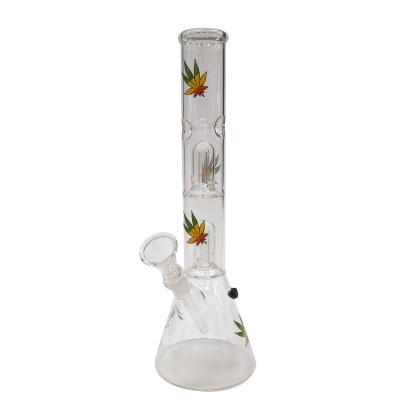 Bong de vidro transparente com folhas coloridas desenhadas