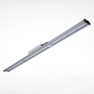 Luminária LED linear prateada com leds visíveis e suporte de fixação