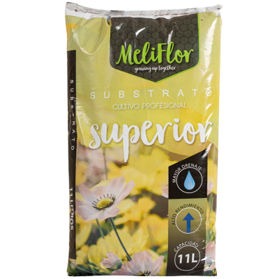 Saco de substrato MeliFlor 11L para cultivo profissional amarelo com flores