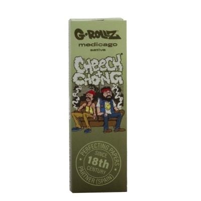 Embalagem verde de papel para enrolar com desenho e textoCheech Chong