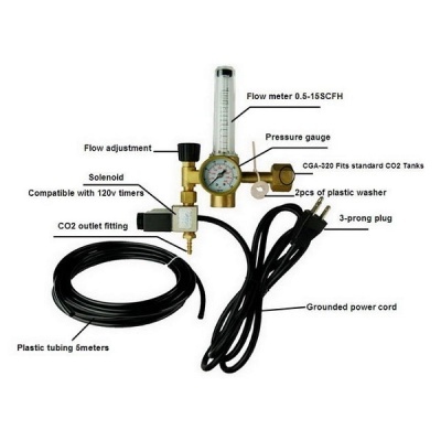 Regulador de fluxo de CO2 com medidor, manómetro, solenóide, tubo plástico e ficha de 3 pinos