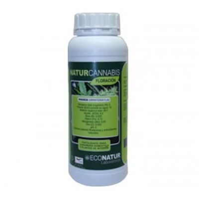 Frasco branco com rótulo verde de fertilizante Naturcannabis Floracion