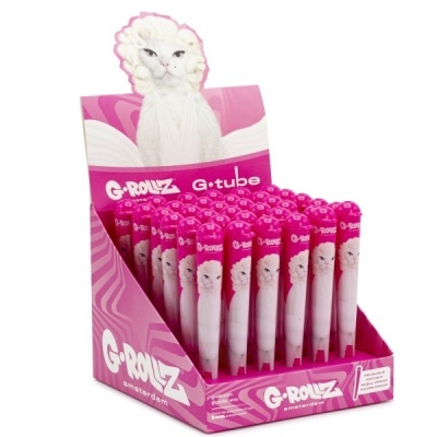 Expositor rosa com tubos G-ROLLZ G-tube e imagem de gato branco vestido com peruca