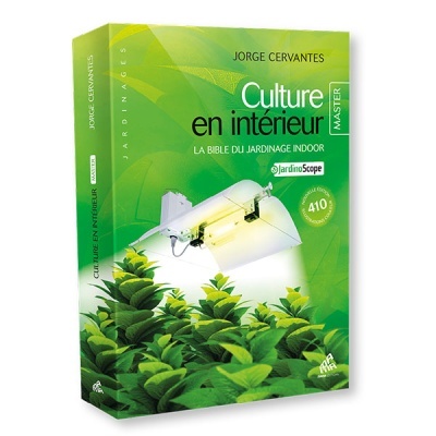 Capa de livro verde com plantas e luminária, texto em francês sobre jardinagem indoor