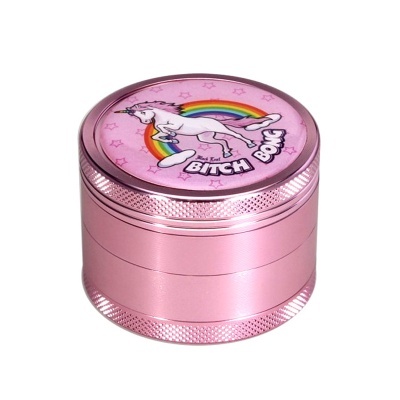 Moinho metal rosa com tampa de unicórnio e arco-íris