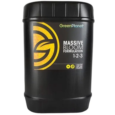 Contentor preto com rótulo de fertilizante Green Planet Massive Bloom 1-2-3