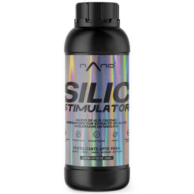 Frasco preto com rótulo holográfico do produto SILICIO STIMULATOR