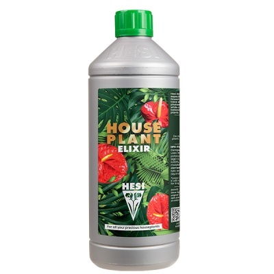 Frasco de elixir para plantas de casa com rótulo verde e vermelho