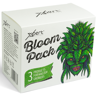 Embalagem branca de produto Xpert Nutrients com ilustração de figura feita de folhas verdes e textos em preto e verde