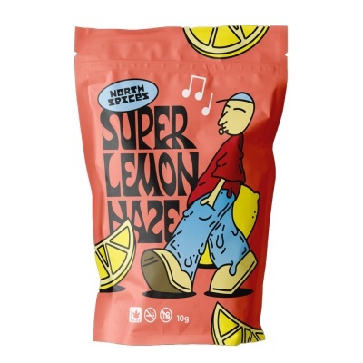 Embalagem colorida Super Lemon Haze com ilustração e texto em português