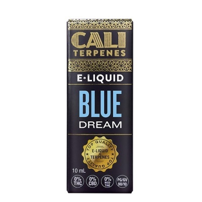 Embalagem preta com texto CALI TERPENES E-LIQUID BLUE DREAM 10 mL selo topo de qualidade