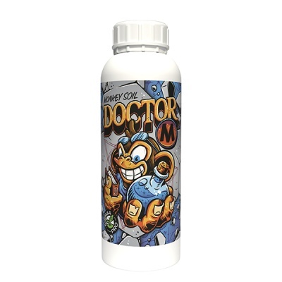 Frasco branco com etiqueta de desenho de macaco e texto Monkey Soil Doctor M