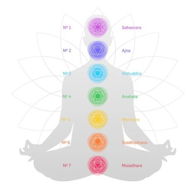 Diagrama dos sete chakras em figura humana em meditação