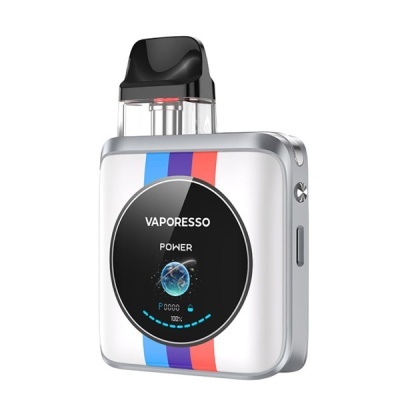 Dispositivo de vaping Vaporesso prateado com ecrã circular e riscas coloridas