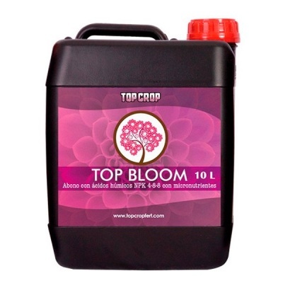Recipiente preto de fertilizante Top Bloom 10L com etiqueta roxa e tampa vermelha