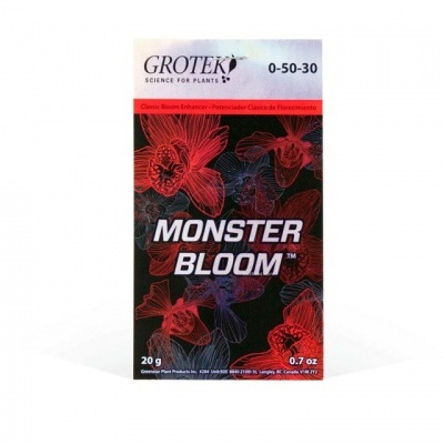 Embalagem preta de Monster Bloom com flores vermelhas e roxas e texto branco