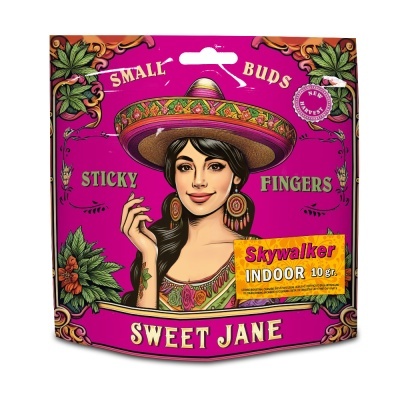 Embalagem rosa com ilustração de mulher e texto promocional.