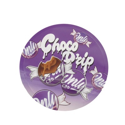 Embalagem circular roxa com texto Choco Drip e doces ilustrados Only CBD