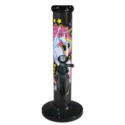 Bong de vidro preto com decoração de unicórnio colorido