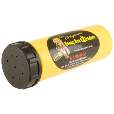 Extrator de mel amarelo com tampa preta e etiqueta preta e amarela