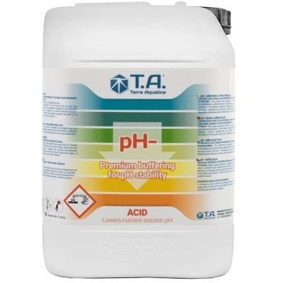 Recipiente branco de plástico com rótulo colorido e texto sobre controlo de pH