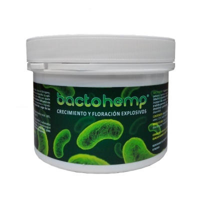 Recipiente branco com rótulo preto e verde do produto Bactohemp