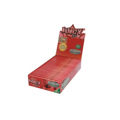 Caixa vermelha aberta de pacotes para enrolar cigarros JUICY JAY'S sabor Raspberry