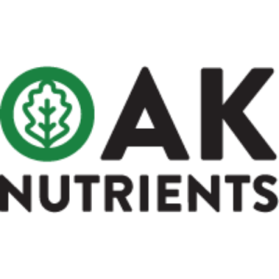 Logótipo com círculo verde e folha, texto AK NUTRIENTS em preto